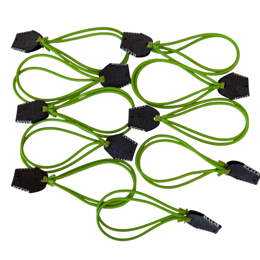 Neon green 1745 latex looped tube slingshot band with integrated deep pouch for shotgun-style shooting | Armament Mfg.