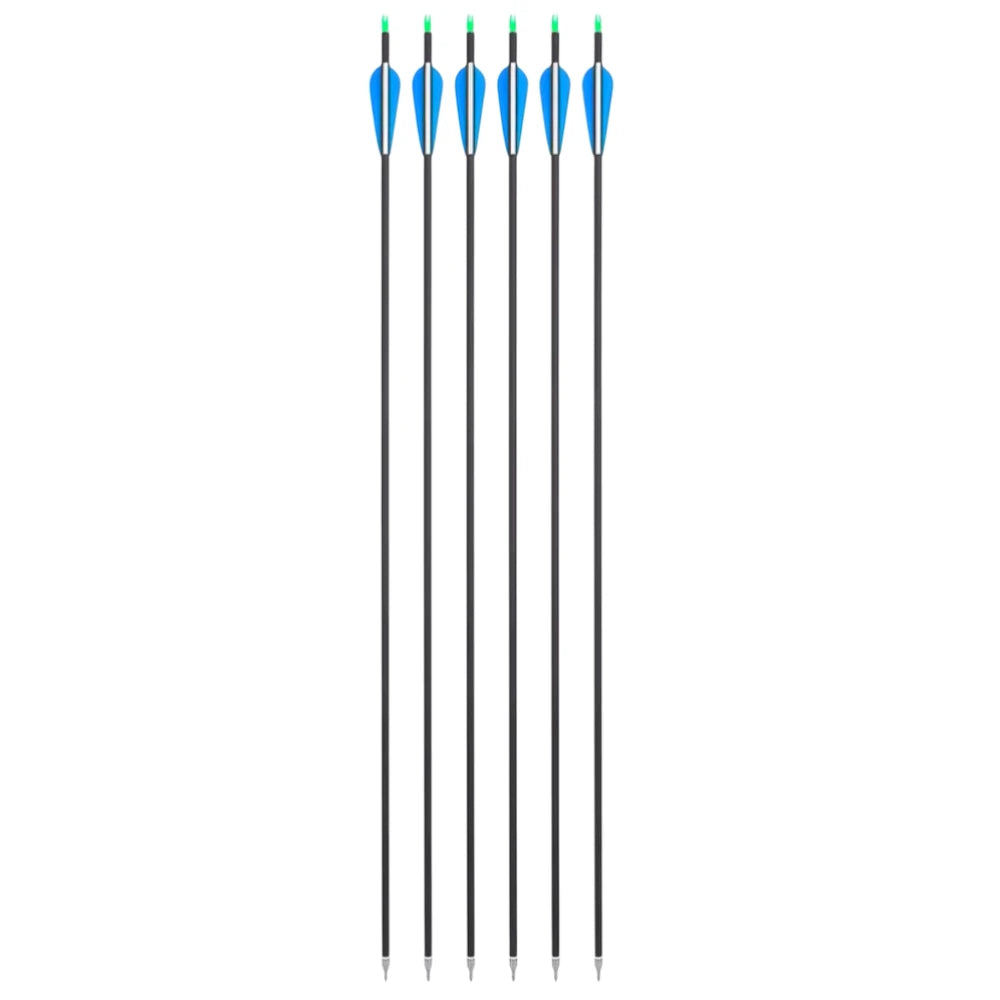 Set of six arrows with green nocks on a white background