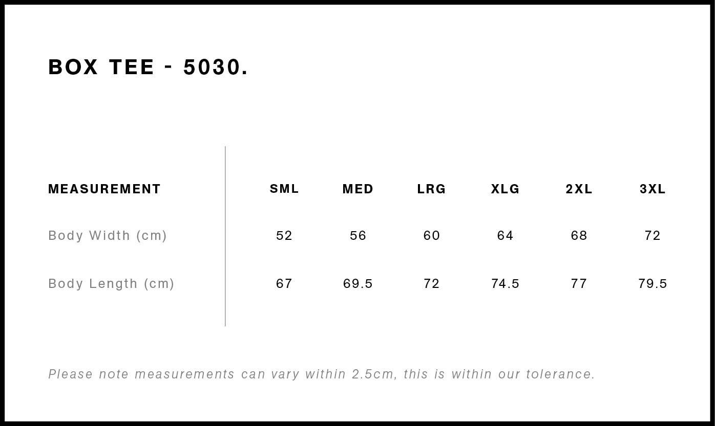 AS Colour 5030 Box Tee Size Guide