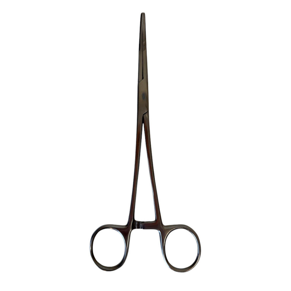 Stainless steel curved nose hemostat clamp 18cm length for precise slingshot band tying and latex handling | Armament Mfg.