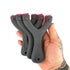 Hand holding three daily driver slingshots against a white background