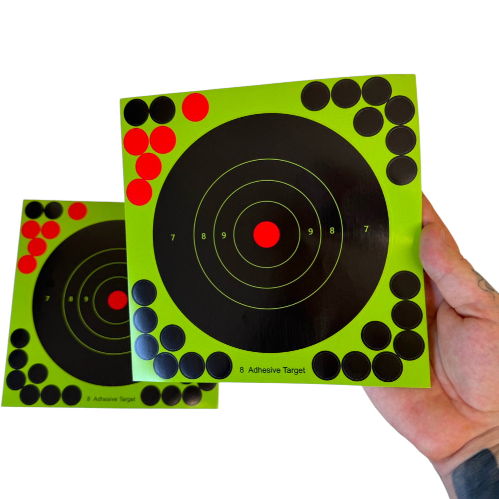 Close-up of high-contrast target sticker showing clear shot placement zones for precision training and accuracy improvement | Armament Mfg.