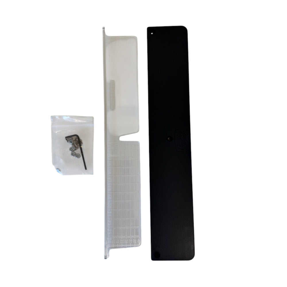 Clear acrylic tapered flat band cutting ruler with 0-35mm adjustable taper range for DIY slingshot band building | Armament Mfg.