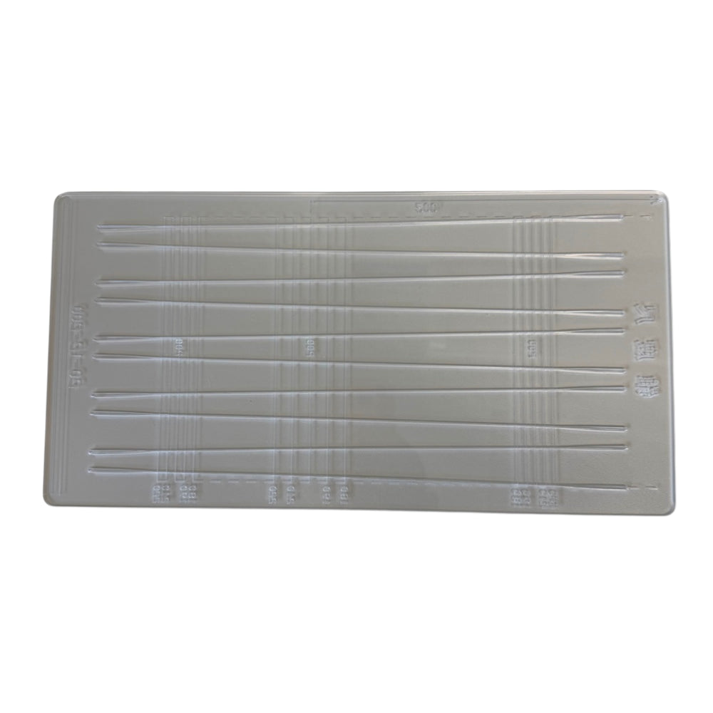 Clear acrylic slingshot tapered flat band cutting template 345cm length with 20mm-12mm taper marks for precise DIY band builds | Armament Mfg.