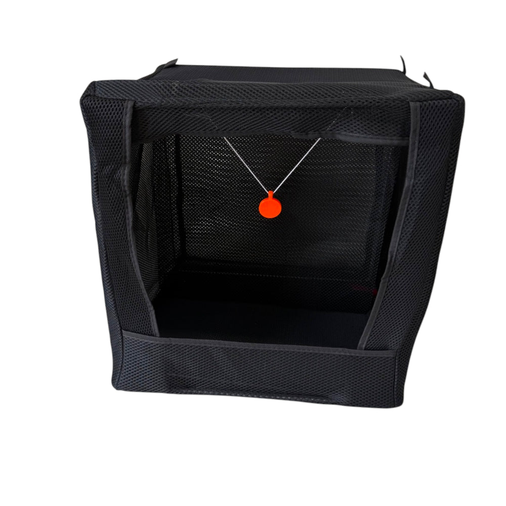 Large black foldable slingshot target catchbox with 40cm square frame and reinforced fabric for ammo containment | Armament Mfg.