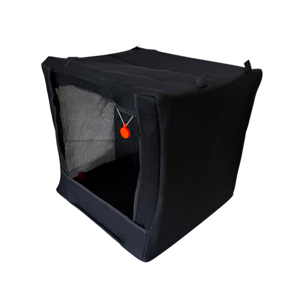 Deployed large slingshot catchbox showing 22.5cm x 30cm target area and 40cm depth for ball catching | Armament Mfg.