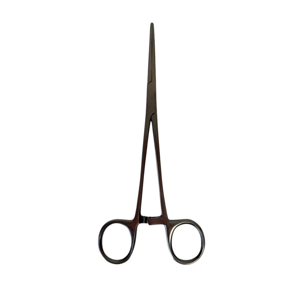 Stainless steel straight nose hemostat clamp 18cm length for precise slingshot band tying and latex handling | Armament Mfg. 
